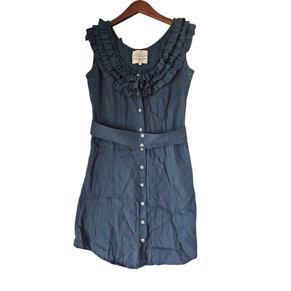 FINE GARMENTS BY BELL Blue‎ Ruffle Scoop Neck Sleeveless Button Dress Size 4